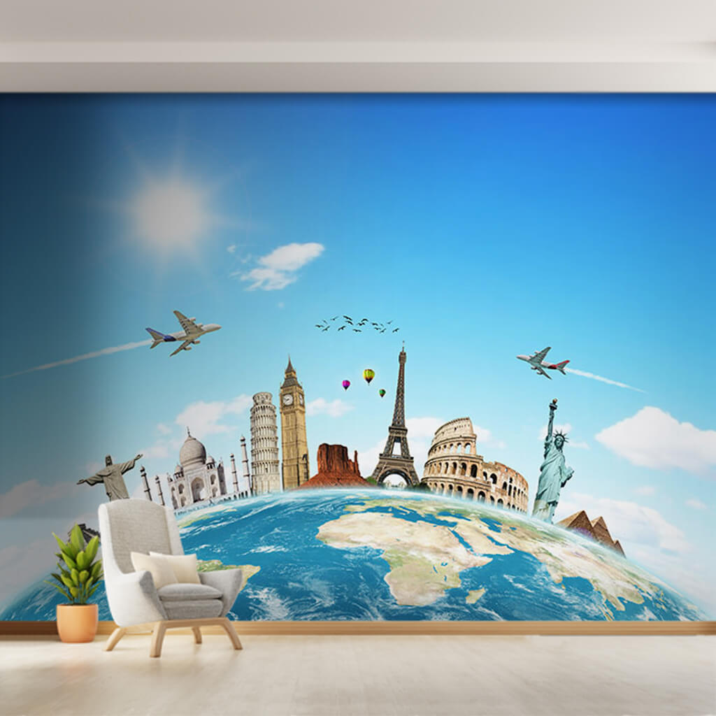 Symbols of countries tourism themed custom wall mural
