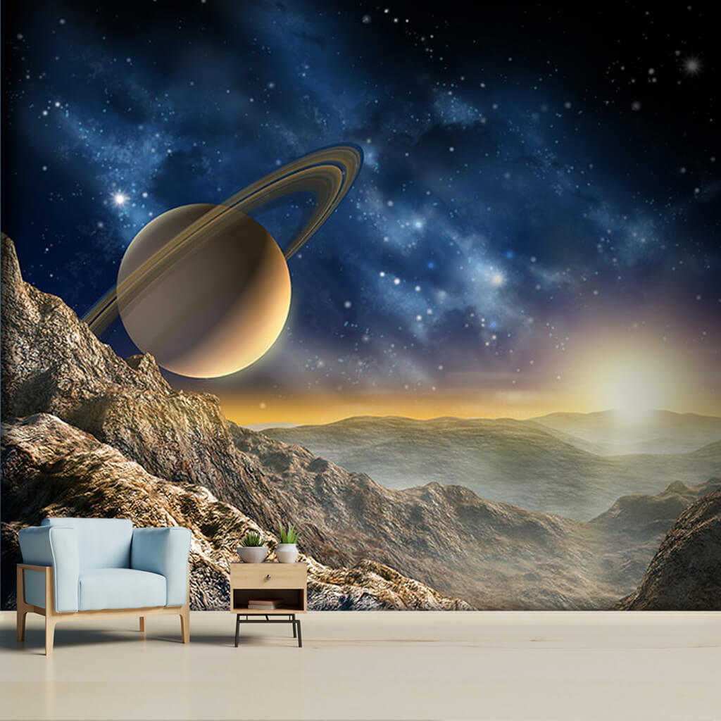 Sunrise on Mars Saturn's Rings space custom wall mural