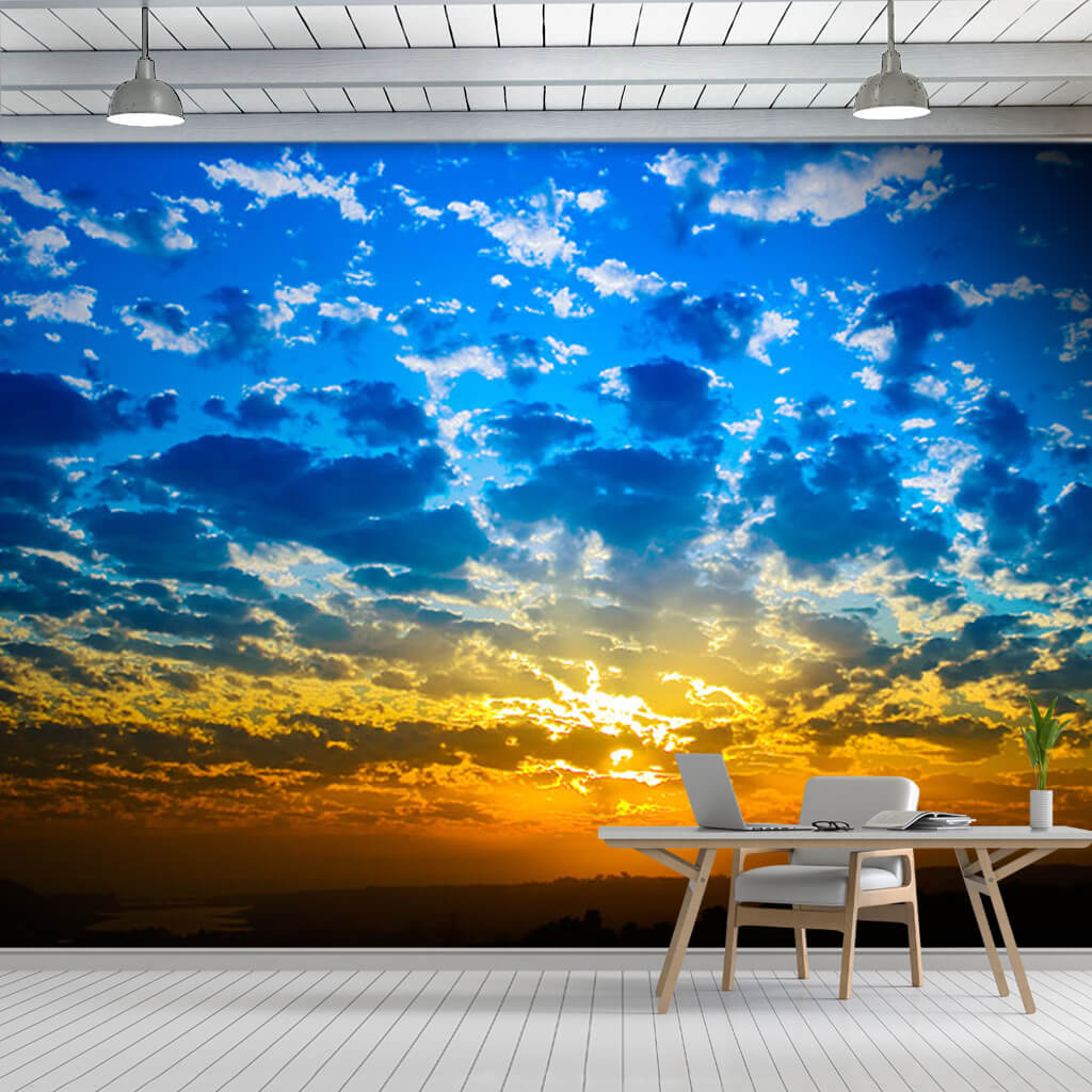 Yellow red sunset dawn and blue sky horizon wall mural