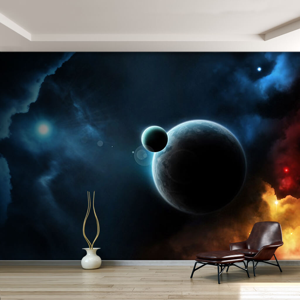 Space clouds planets and solar system wall mural