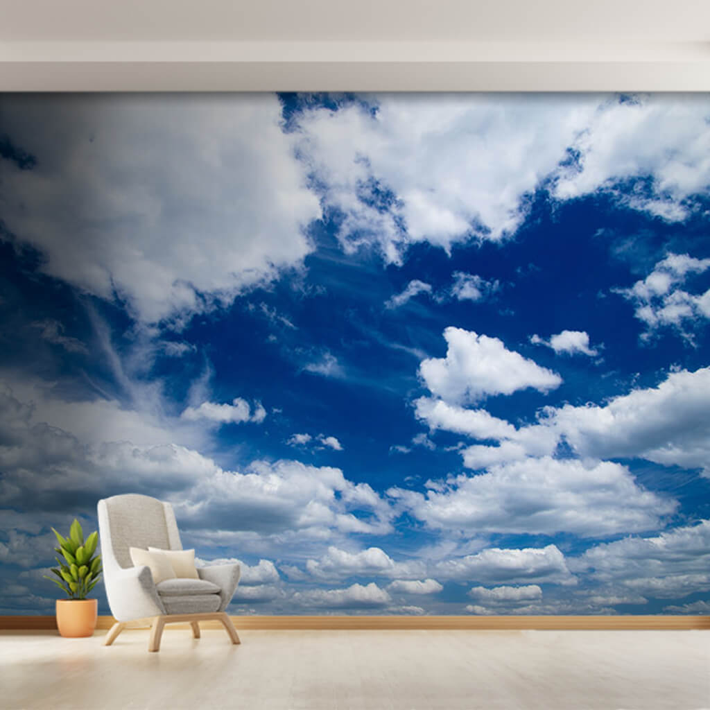 White clouds in windy blue sky scalable custom wall mural
