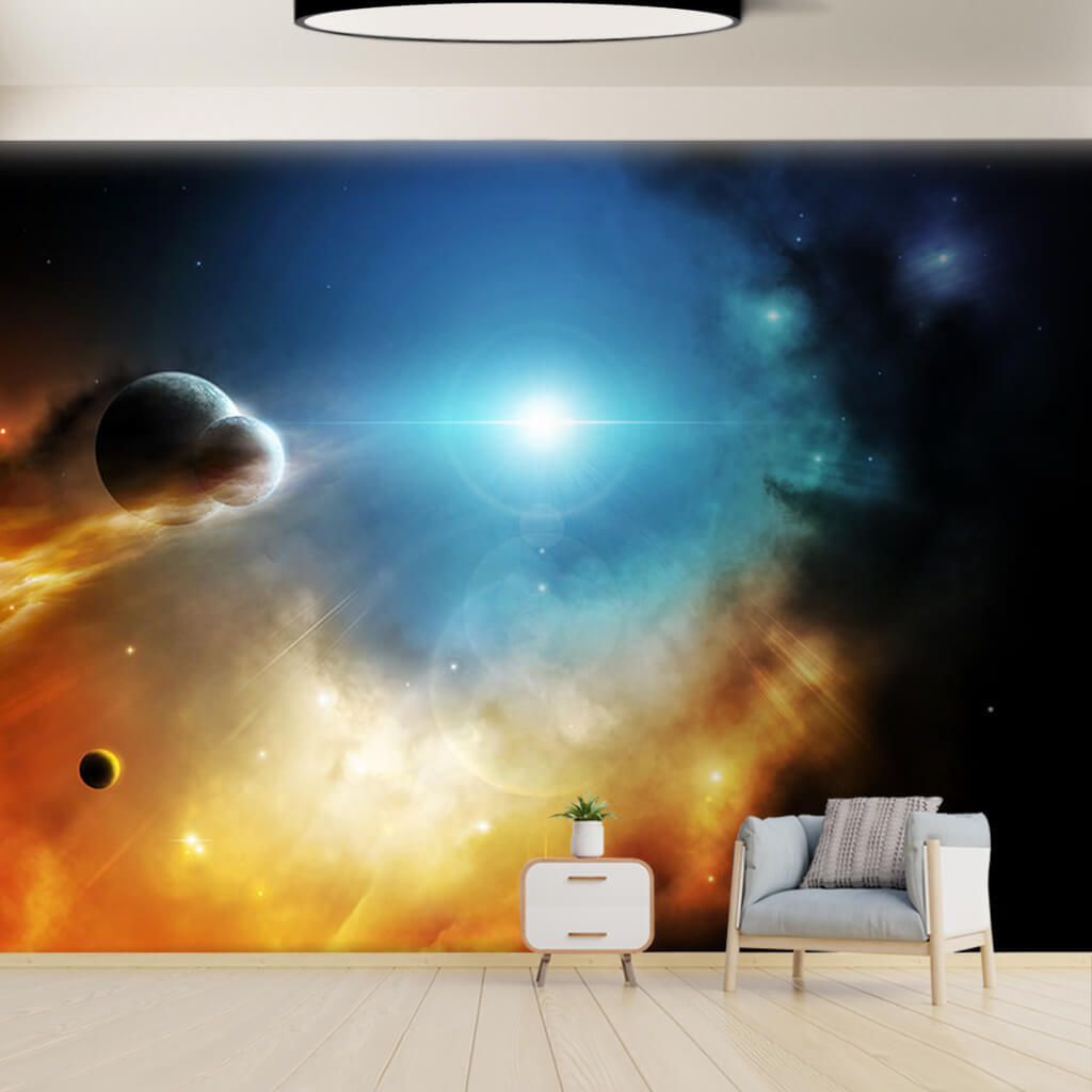 Space storm clouds with planets and sun custom wall mural