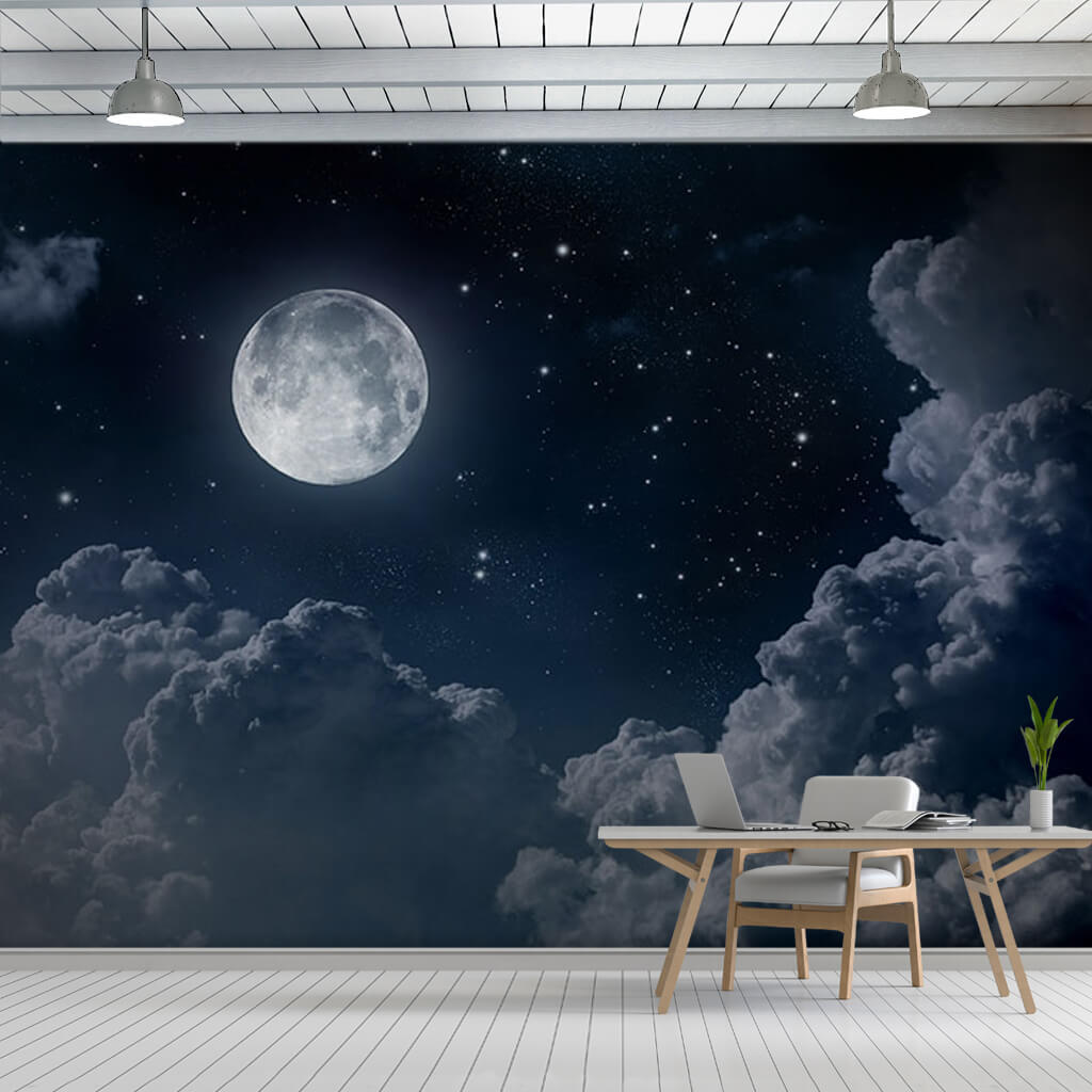 Wallpaper of stars and full moon in cloudy night wall mural