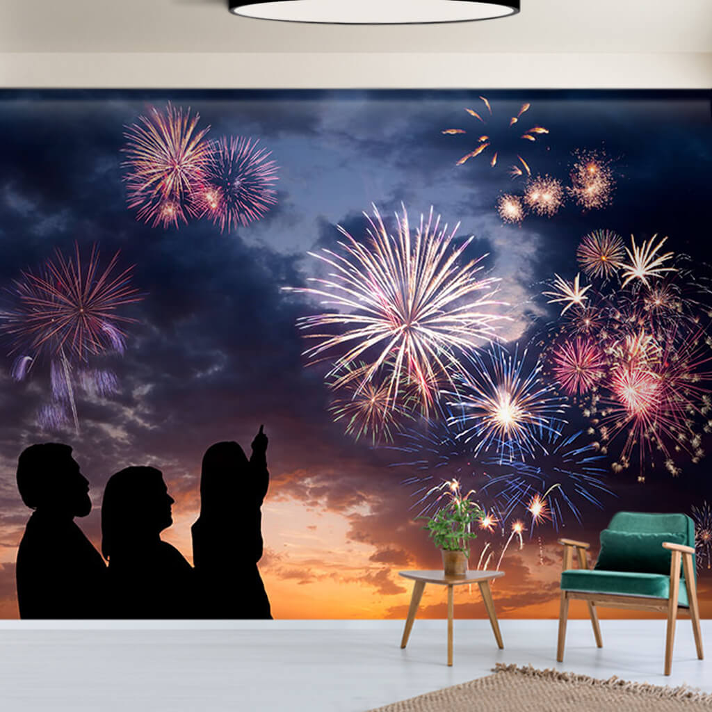 Silhouette of family and fireworks in the night wall mural