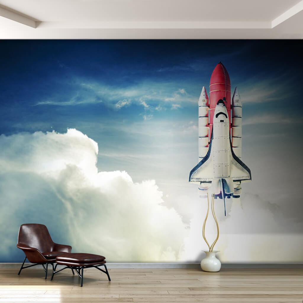 Space shuttle rocket between clouds astronomy wall mural