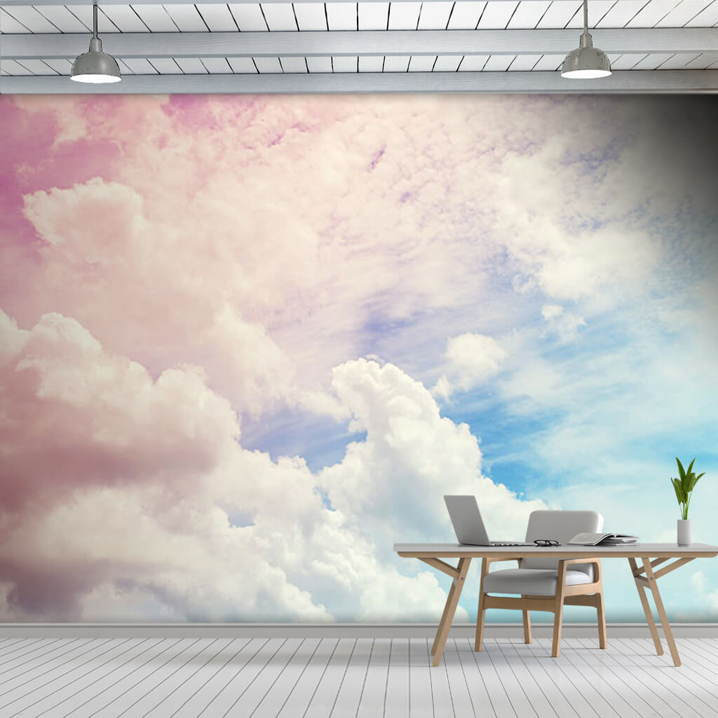 Wallpaper of pink white clouds in windy blue sky wall mural