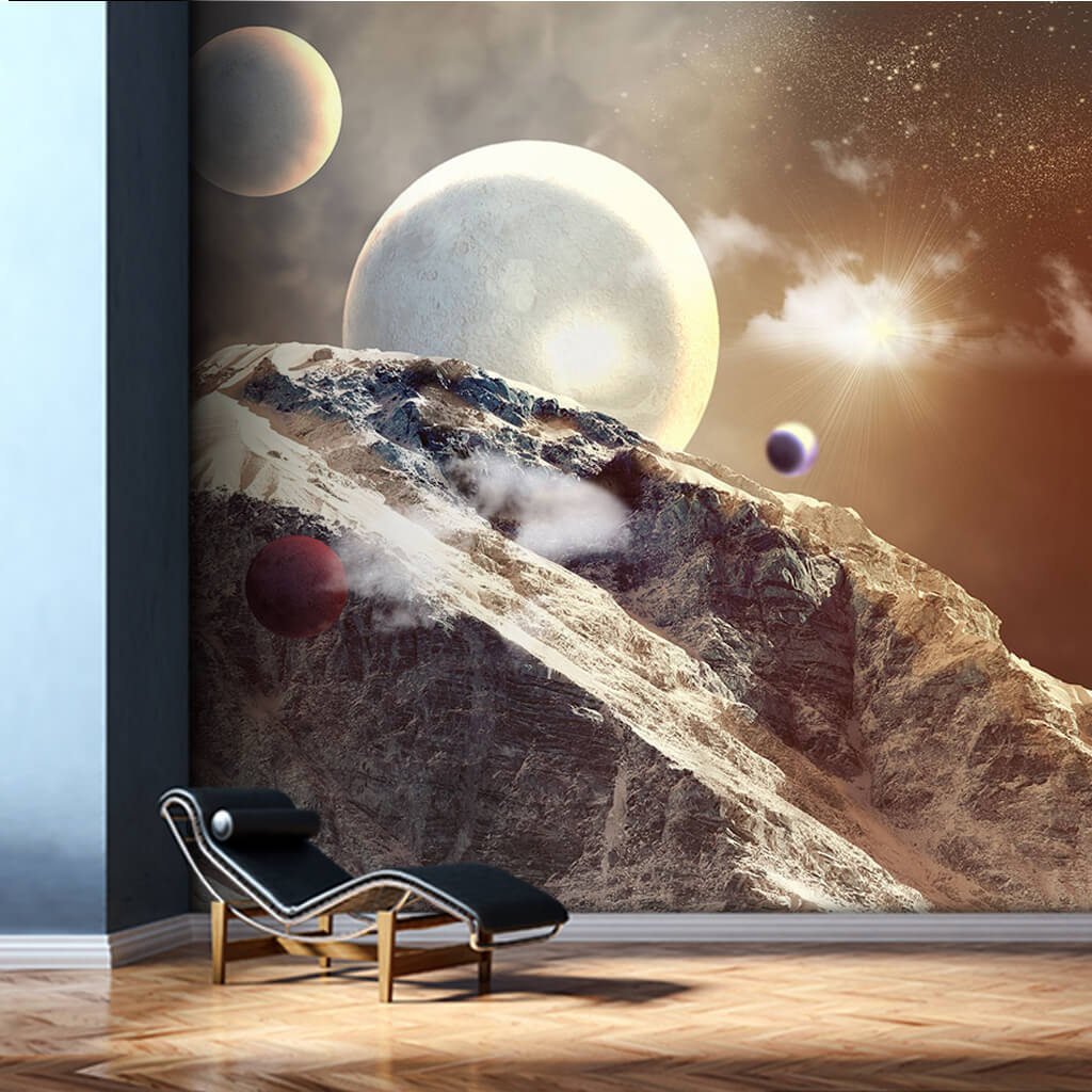 Rocky mountain space and planets scalable custom wall mural
