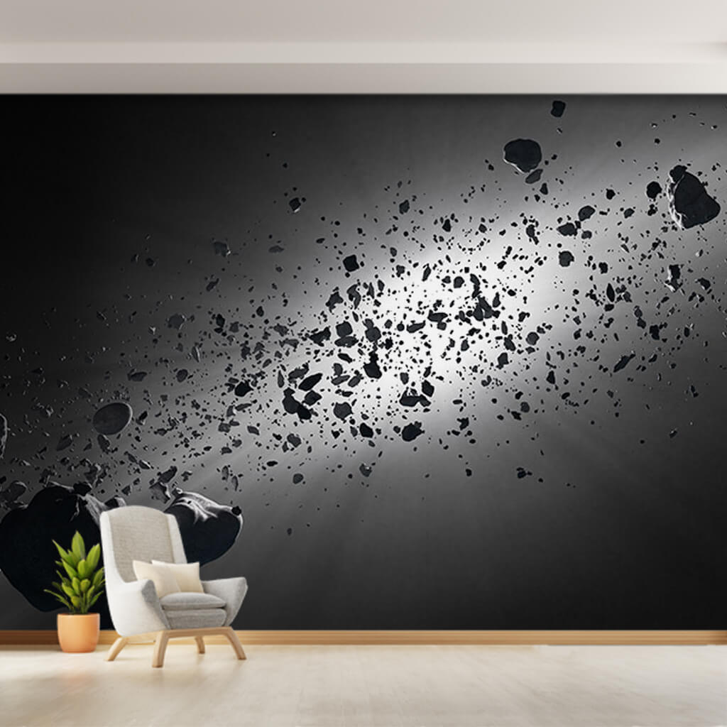 Uzayda gök taşları meteorlar ve ışık siyah beyaz duvar kağıdı