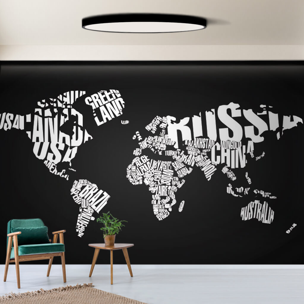 Black white world map with country names written wall mural