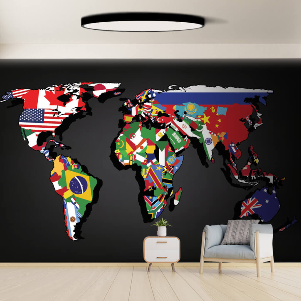 Ülke bayraklarıyla renkli dünya haritası duvar kağıdı