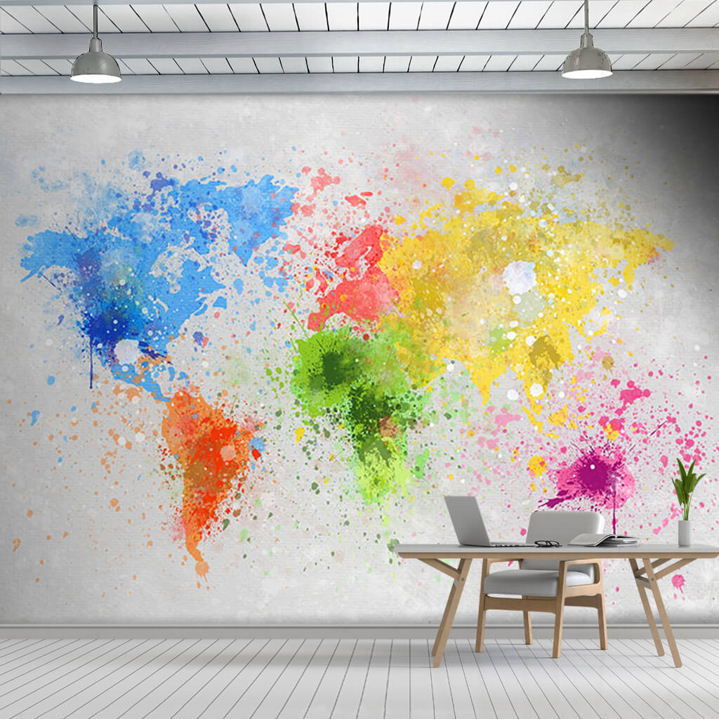Colorful world map with colors and paints custom wall mural