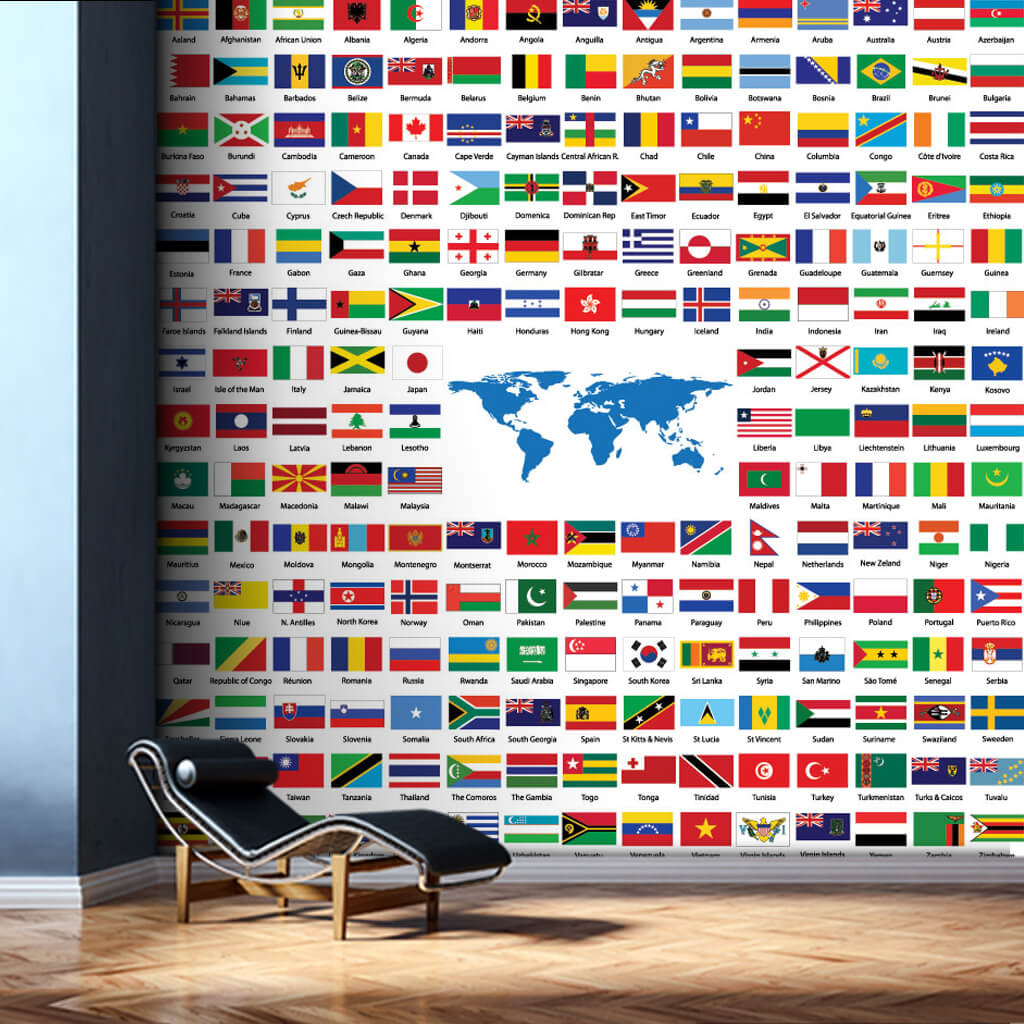 All country flags and world map colorful custom wall mural