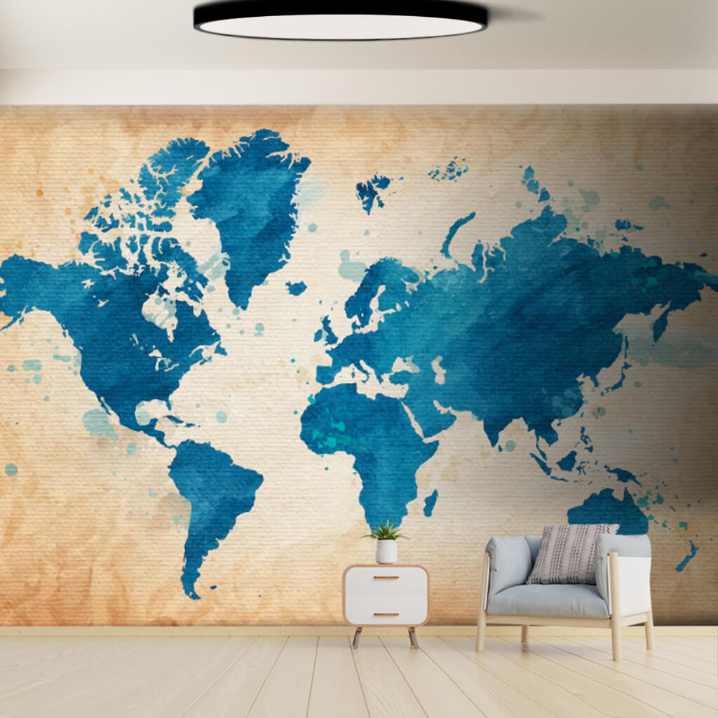 Antique yellow blue watercolor large world map wall mural