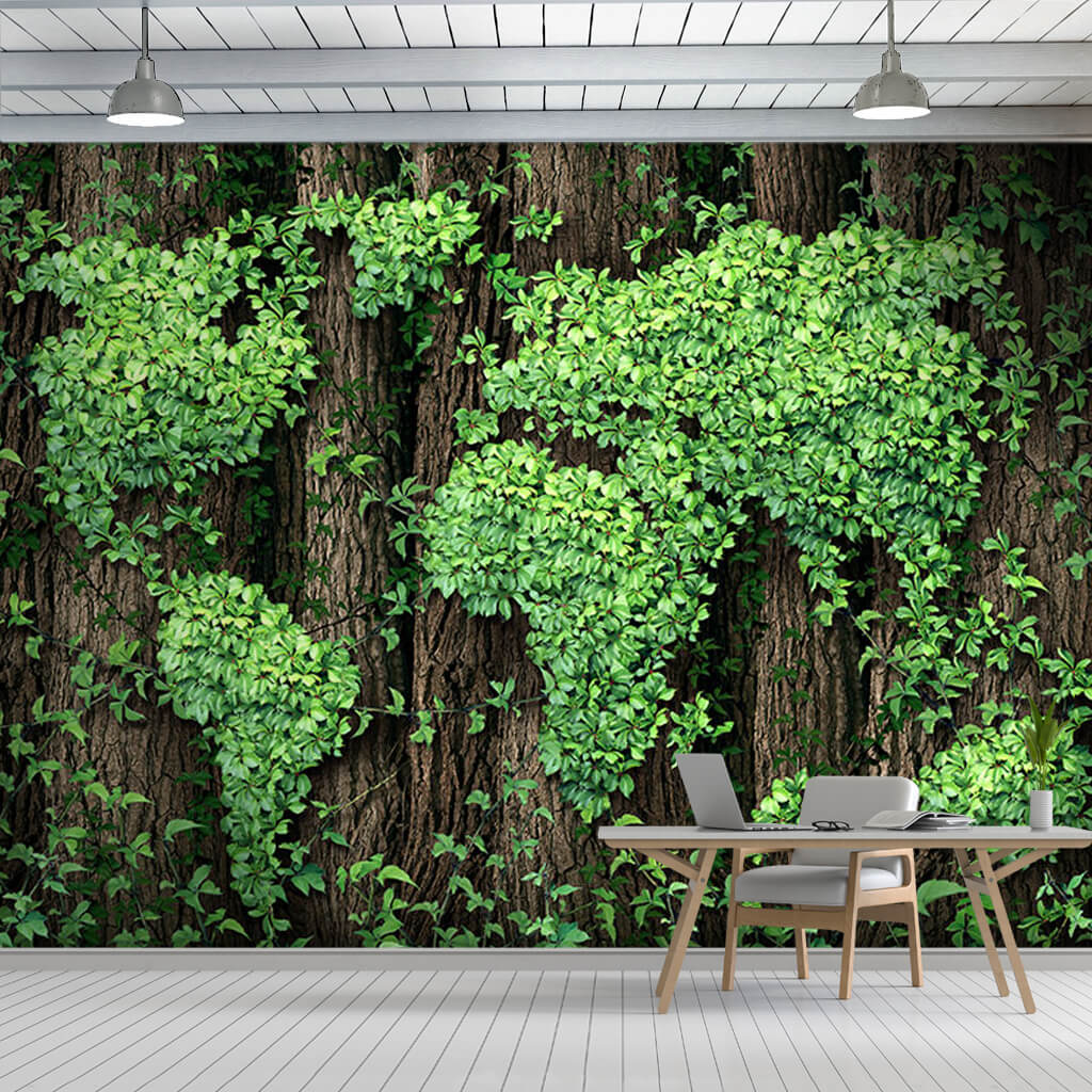World map with green leaves and plants custom wall mural