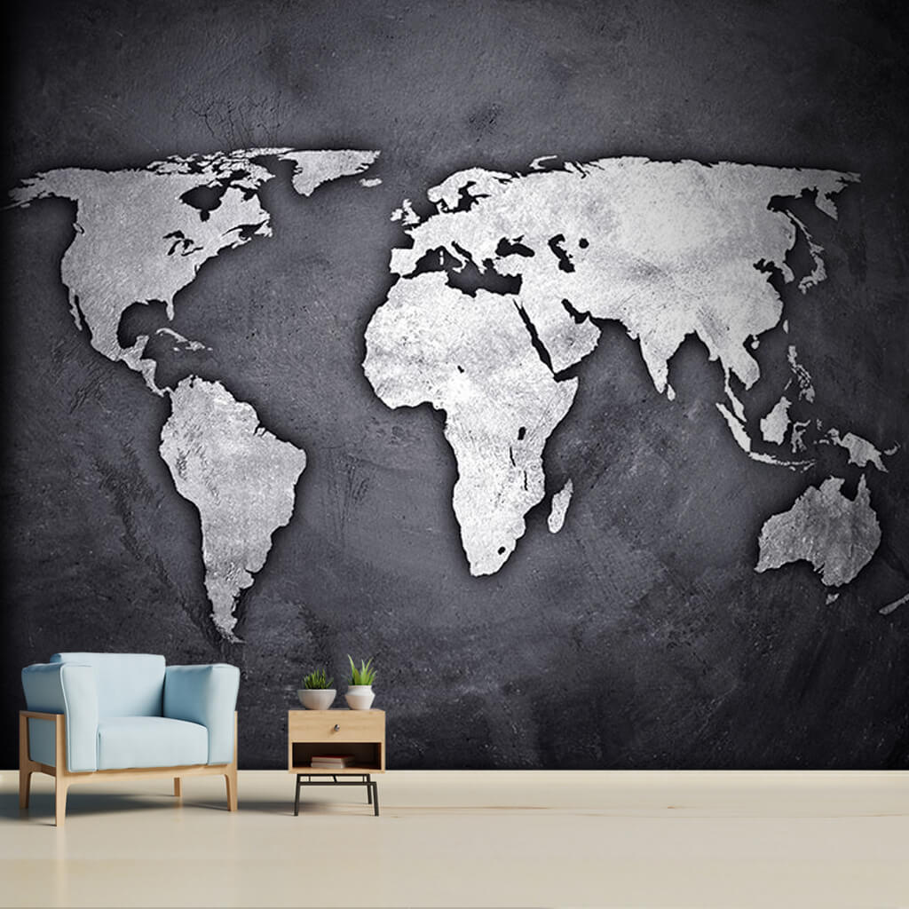 Textured Plastering World Map black white custom wall mural