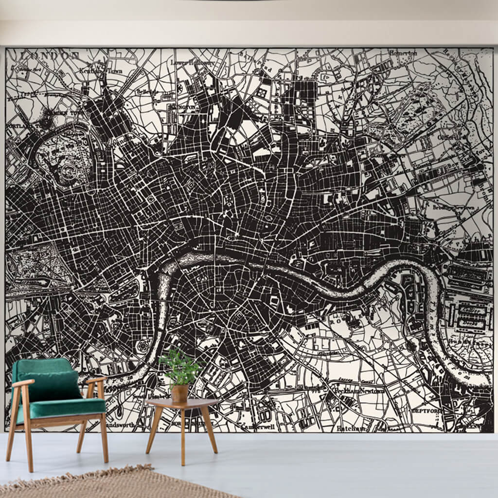 Siyah beyaz Themse nehri ve Londra haritası duvar kağıdı