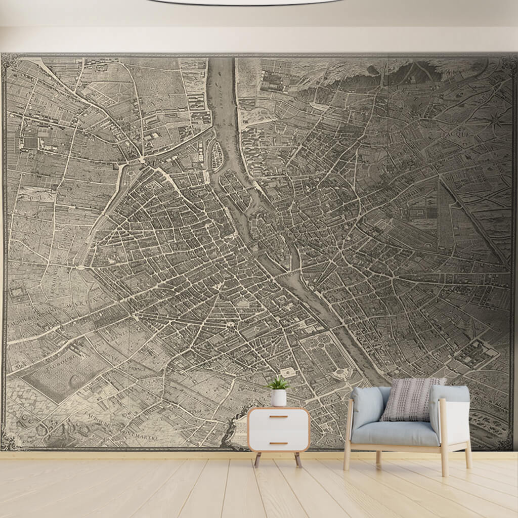 Antique city map of old Paris black and white wall mural