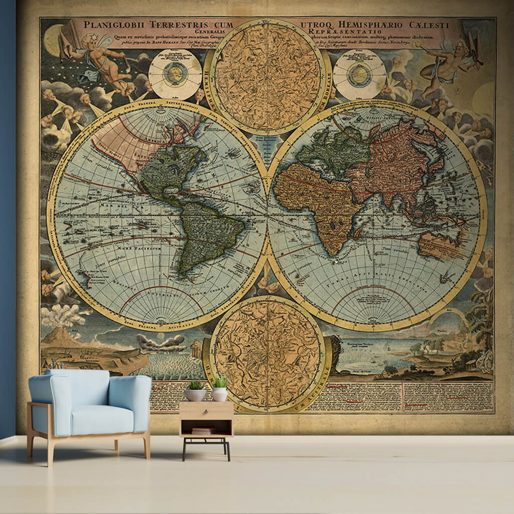 Old ancient map of the world continents custom wall mural