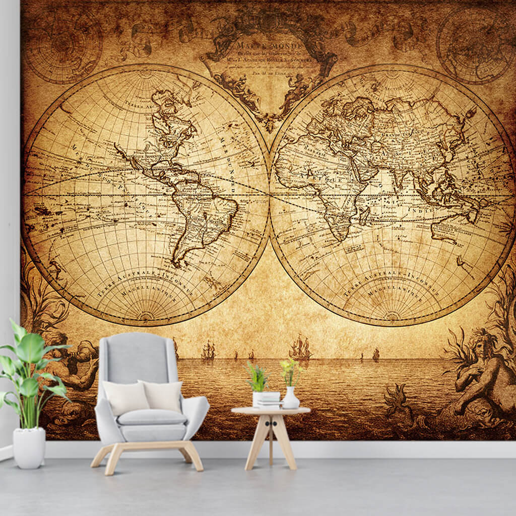 18 yüzyıl eski dünya haritası antik duvar kağıdı