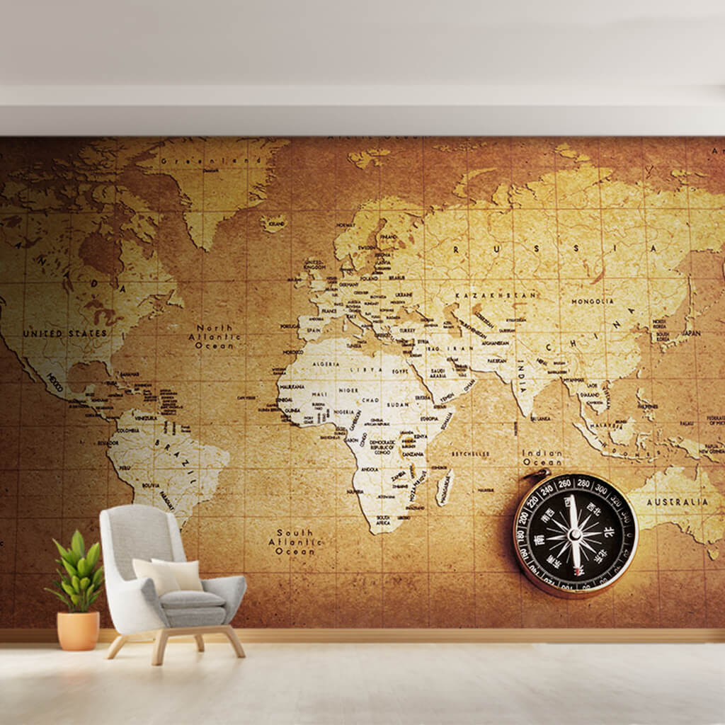 Compass on political world map custom sepia wall mural