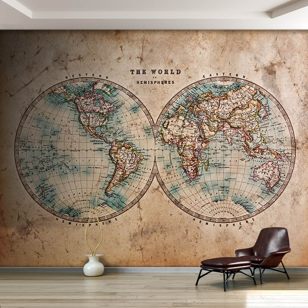 Gorgeous world hemispheres ancient old map wall mural