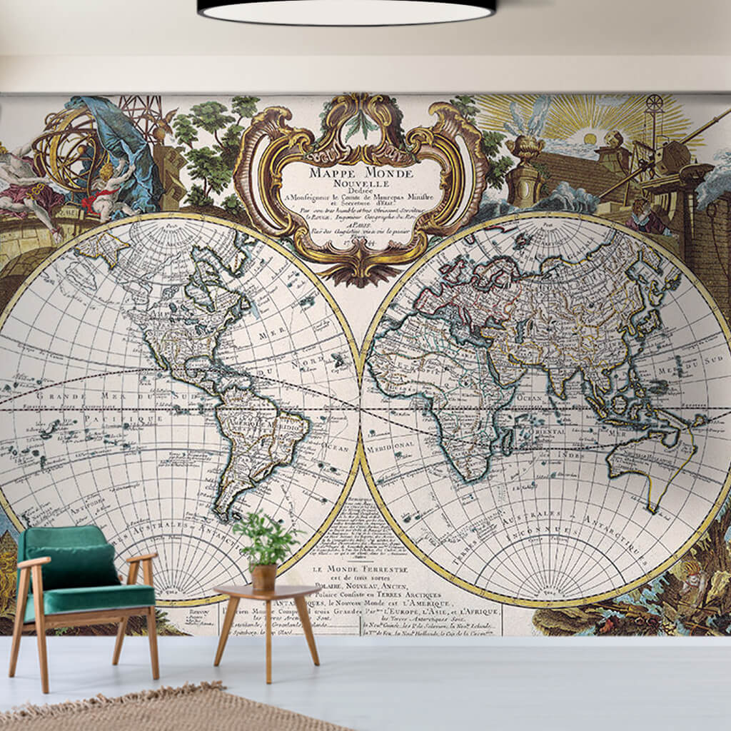 Atlas of continents into half a spheres world map wall mural