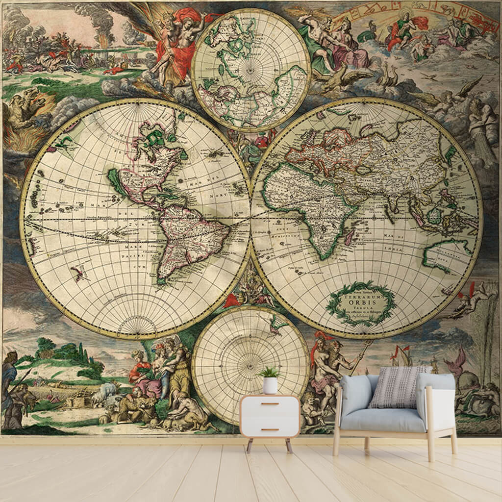 Antique political map of the 17th century world wall mural
