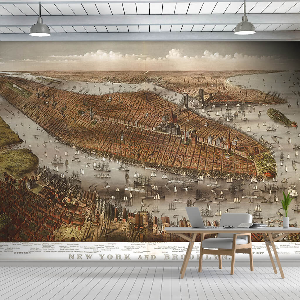 Eski New York ve Brooklyn antik haritası duvar kağıdı