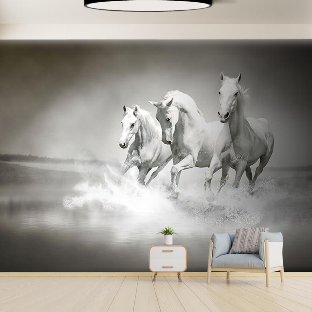 White horse running on the beach 3D landscape wall mural
