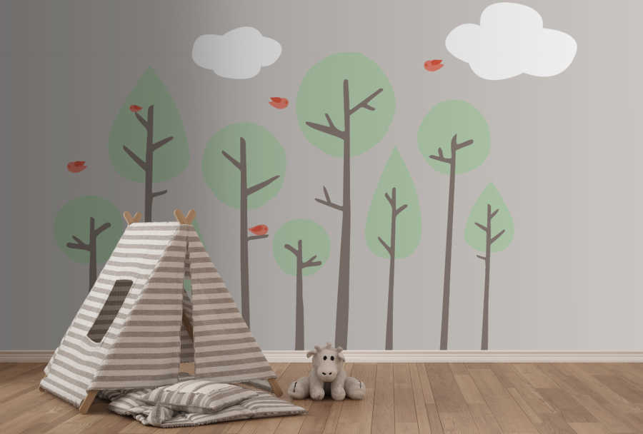 Red birds on tree branch in green forest baby wall mural