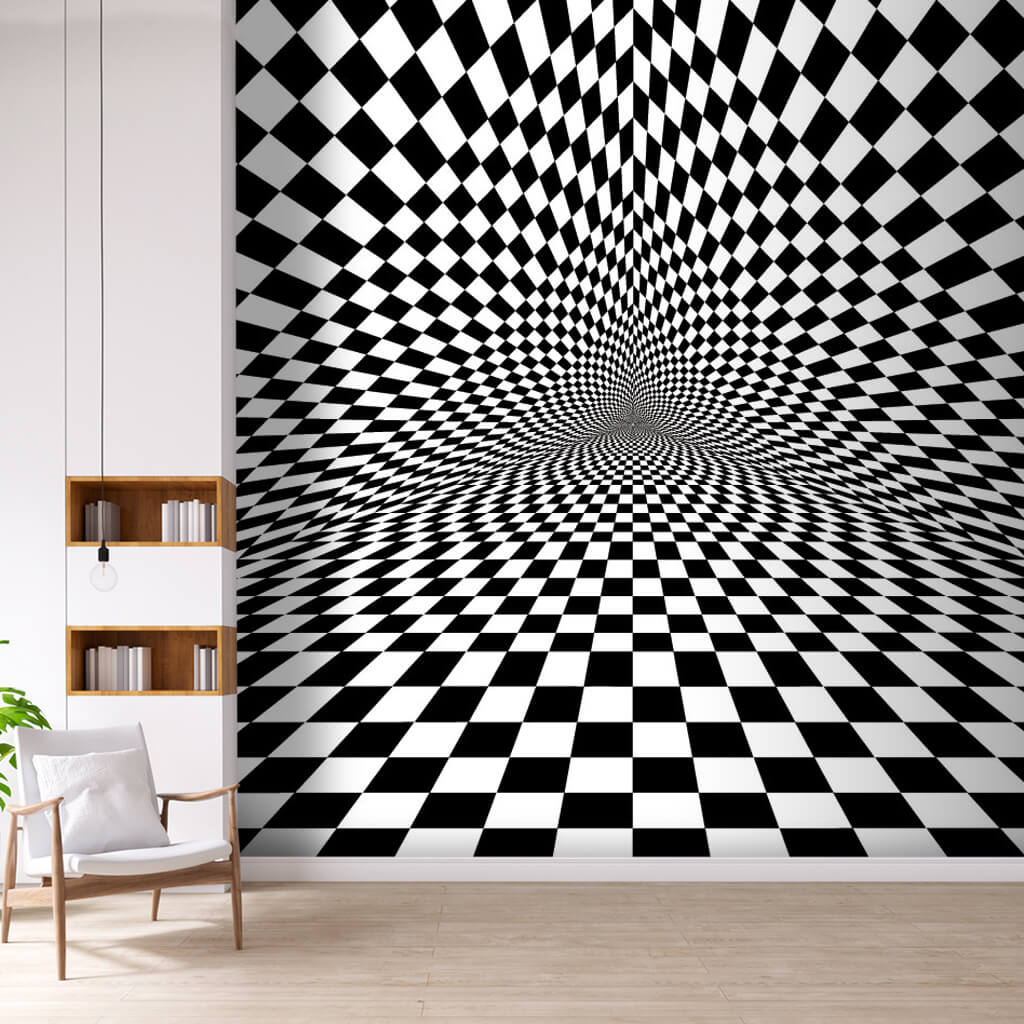 Siyah beyaz kareler üçgen optik ilizyon 3 boyutlu duvar kağıdı