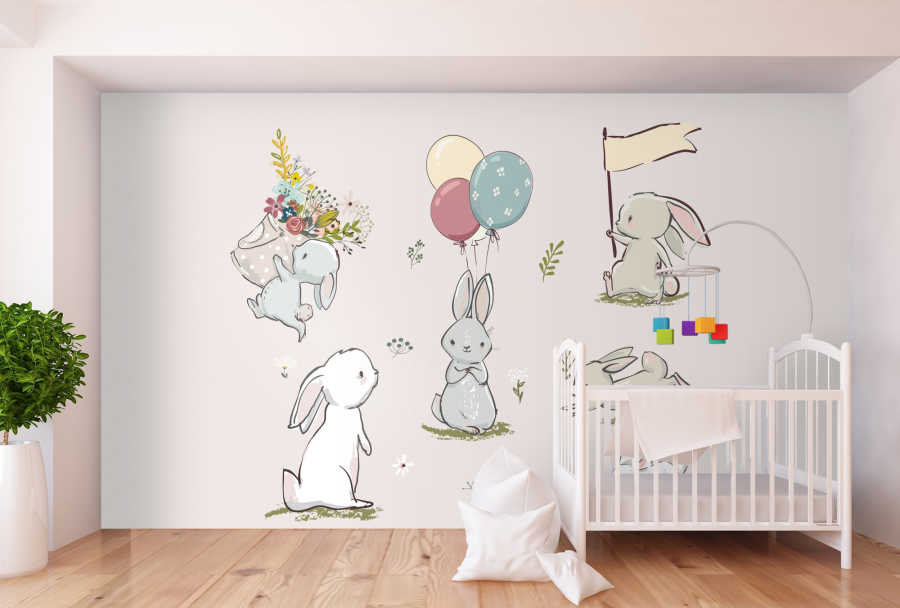 White bunnies party with flags and balloons baby wall mural