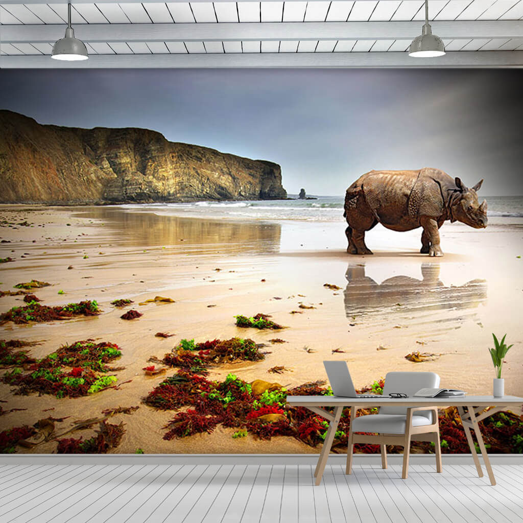 Rhino on ocean coast sea  beach custom scalable wall mural