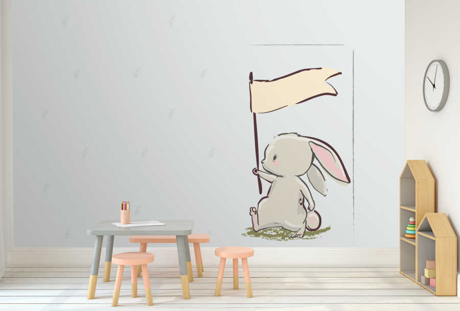 Bayrak taşıyan beyaz tavşan bebek odası duvar kağıdı
