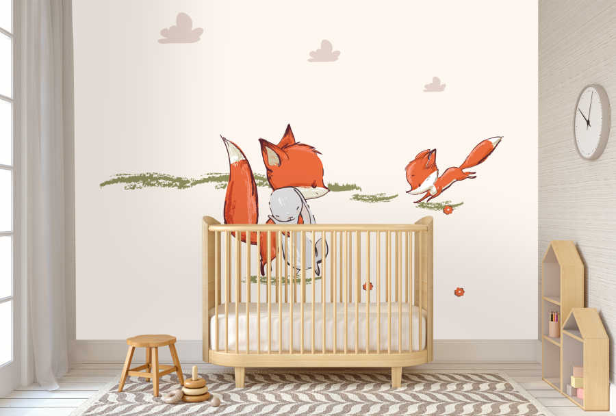 Friendship of fox and bunny baby room wall mural
