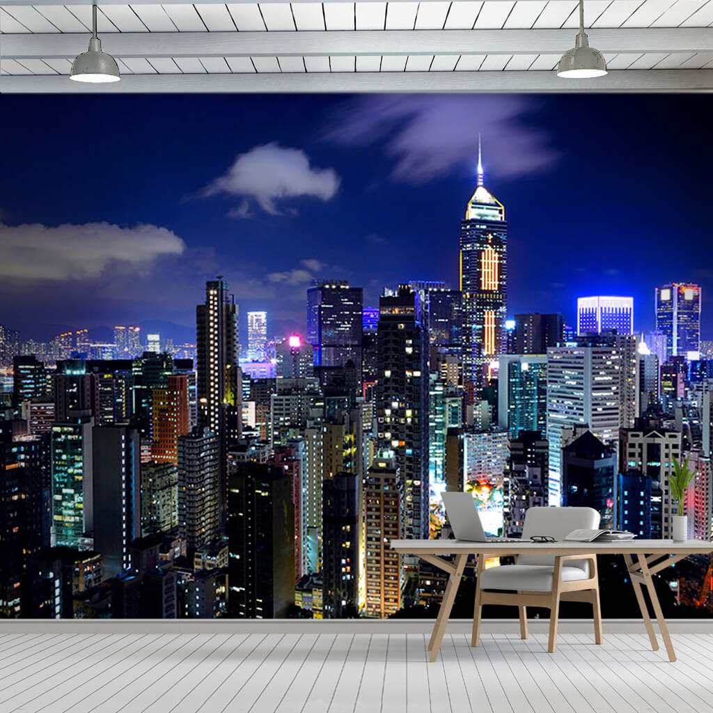 Gece şehir ve gökdelen ışıkları Hong Kong Çin duvar kağıdı