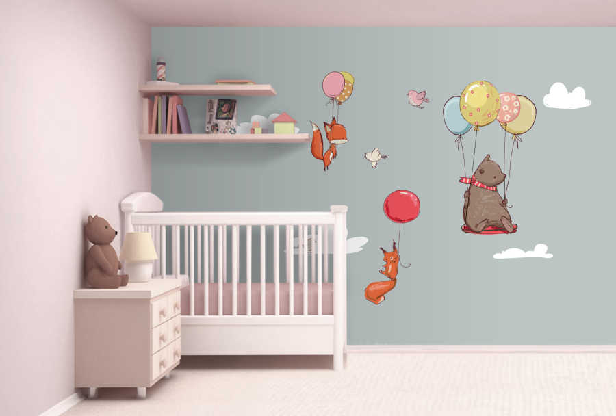 Teddy bear and foxes flying with balloons baby wall mural