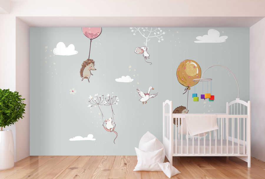 Hedgehog and mice trying to fly with balloons baby wall mural