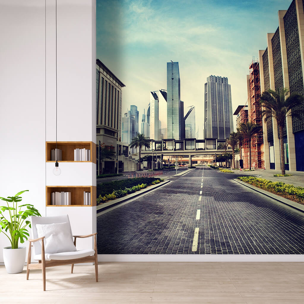 Skyscrapers and street with palm trees Dubai wall mural