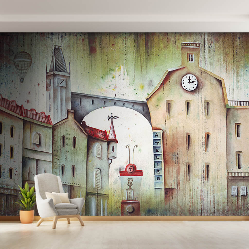Red tram and workshop Paris surreal painting wall mural