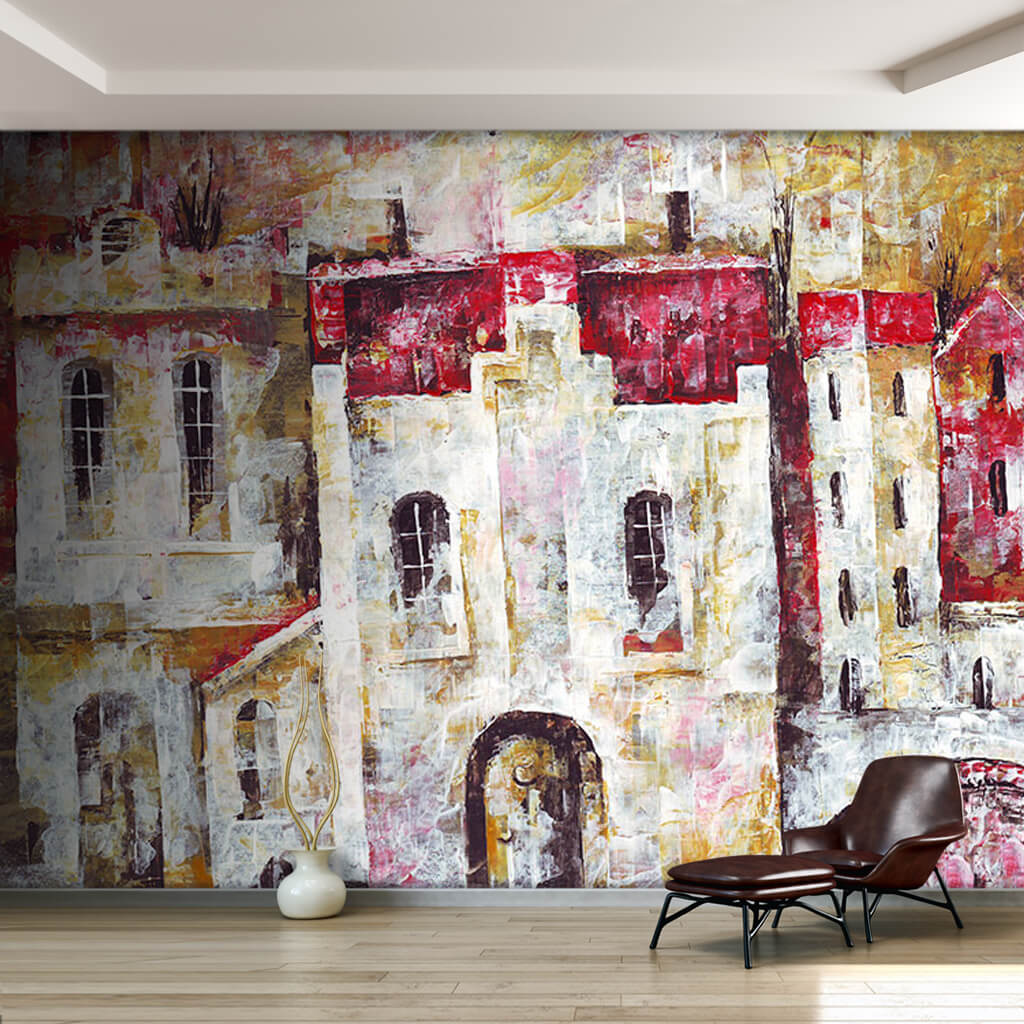 Whitewashed-sequential houses surreal painting wall mural