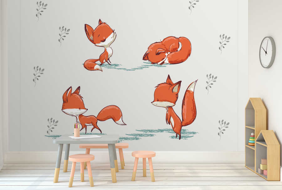 Red foxes are playing a game on meadow baby wall mural