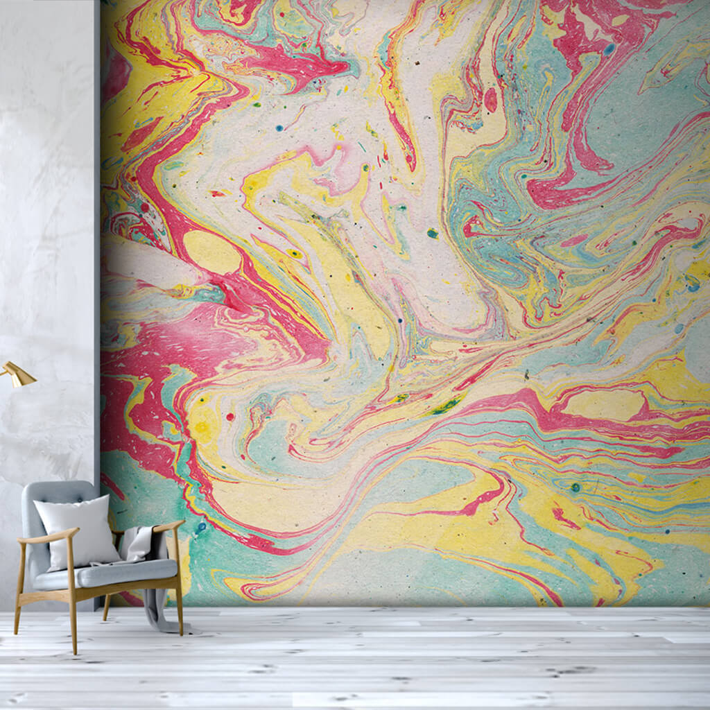 Marble texture with yellow pink colors ebru art wall mural