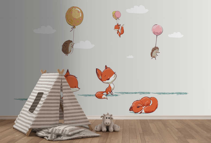 Fox and hedgehog are flying with balloons baby wall mural