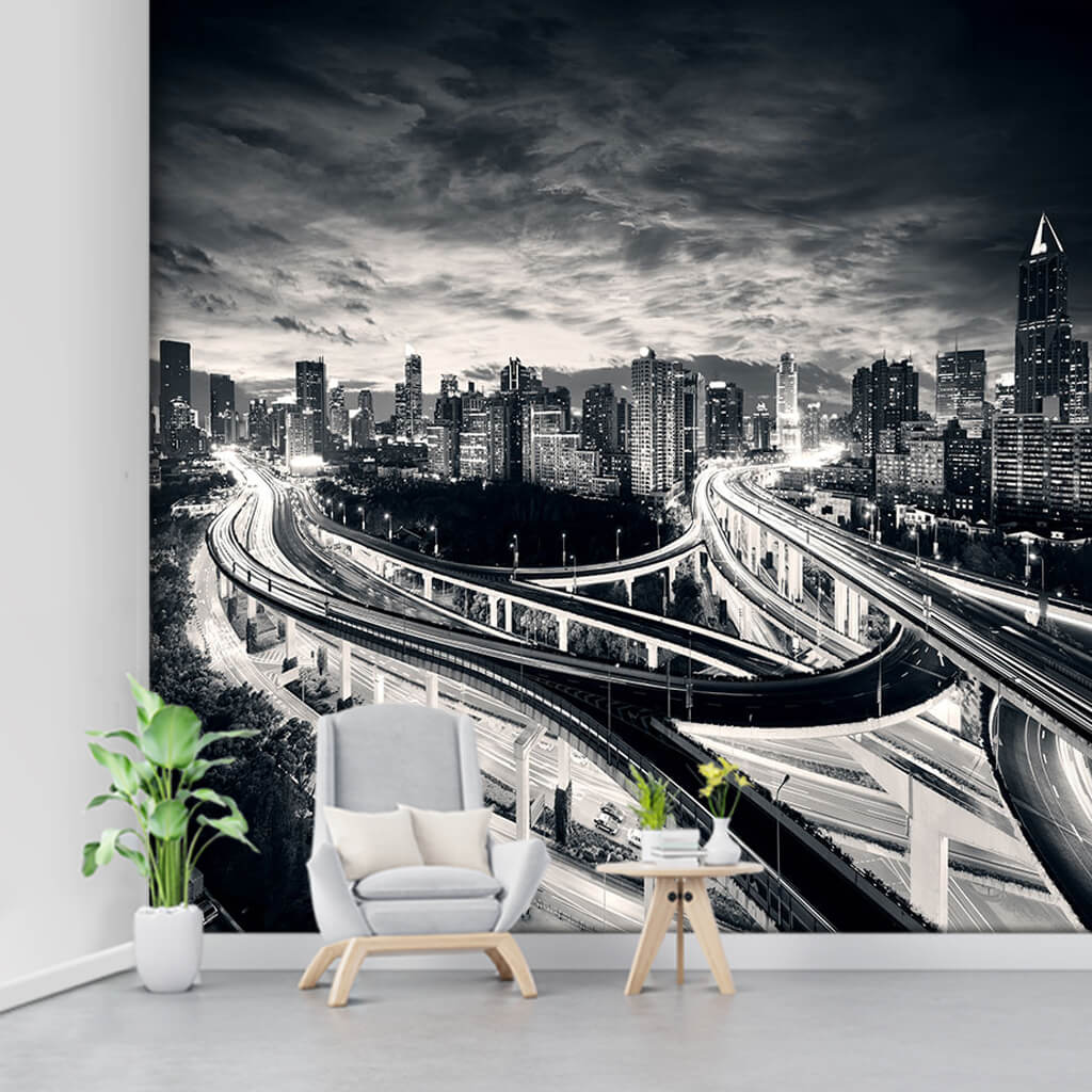 Gece şehir trafiği siyah beyaz resim Hon Kong duvar kağıdı