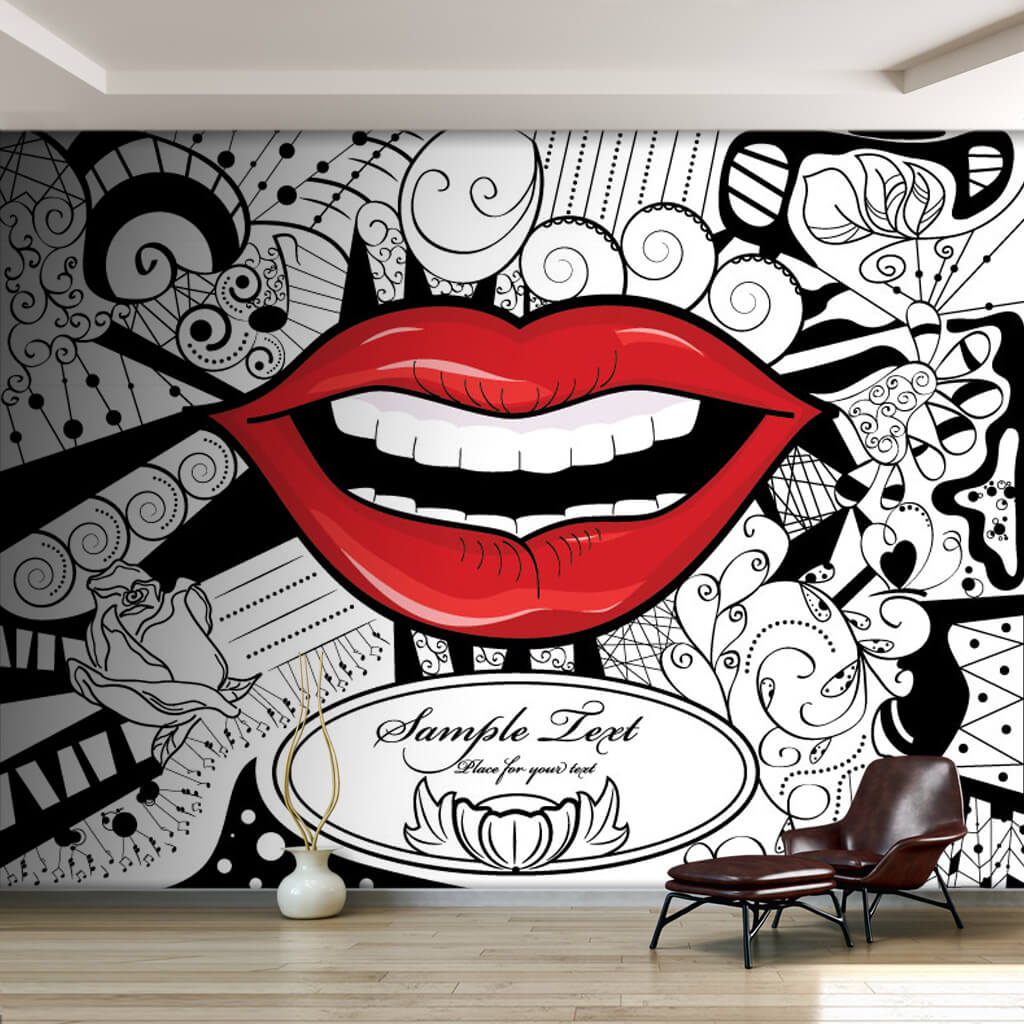 Black and white clipart image of red lips art wall mural