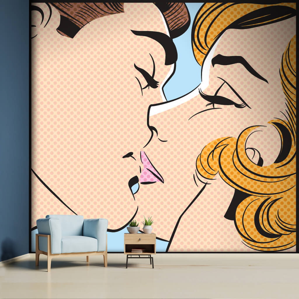 Öpücük öpüşen çiftin aşkı pop art sanat duvar kağıdı