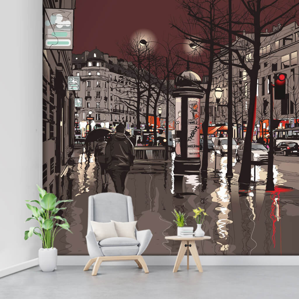 Night walkers on the streets of Paris in the rain wall mural