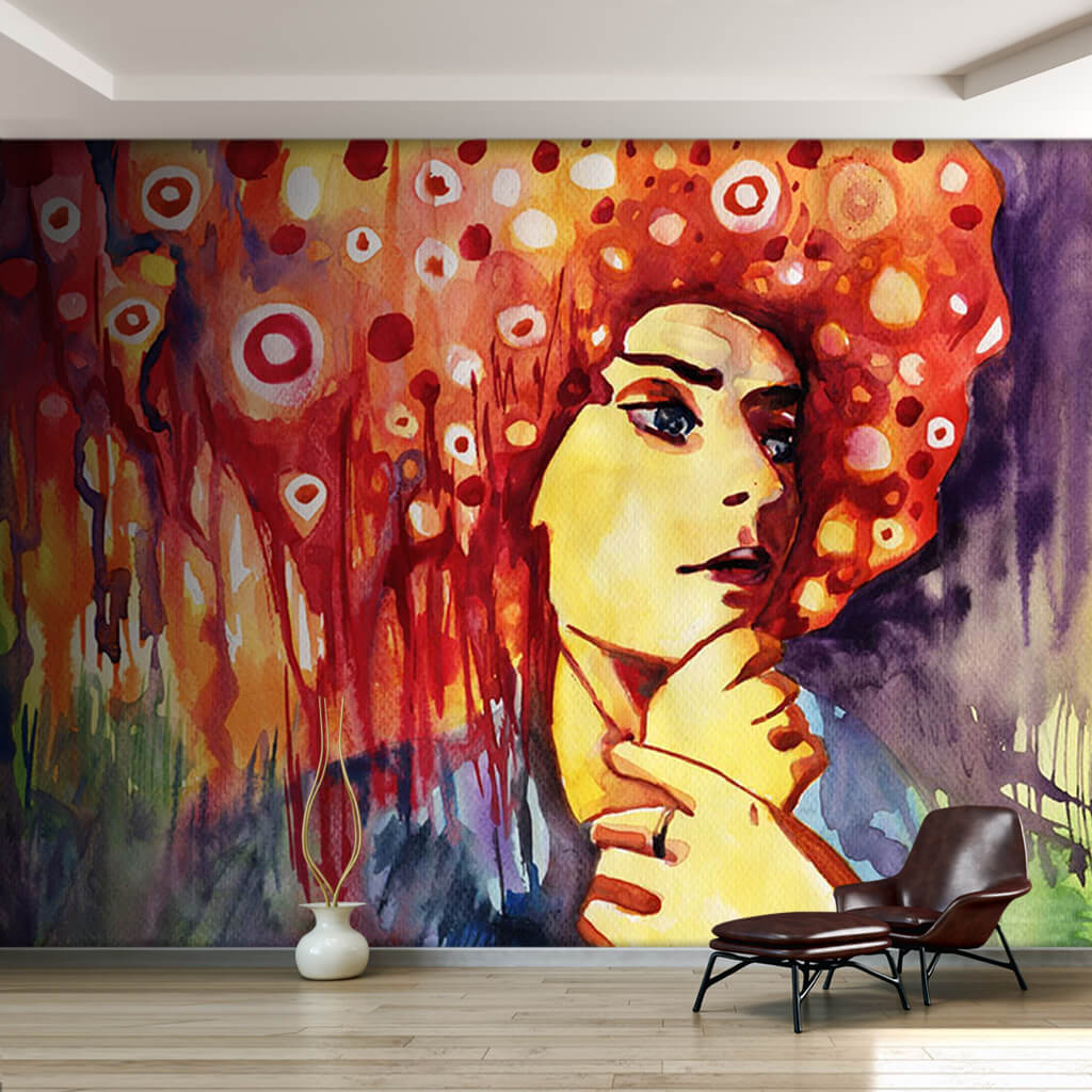 Watercolor paint afro haired woman portrait 70s wall mural