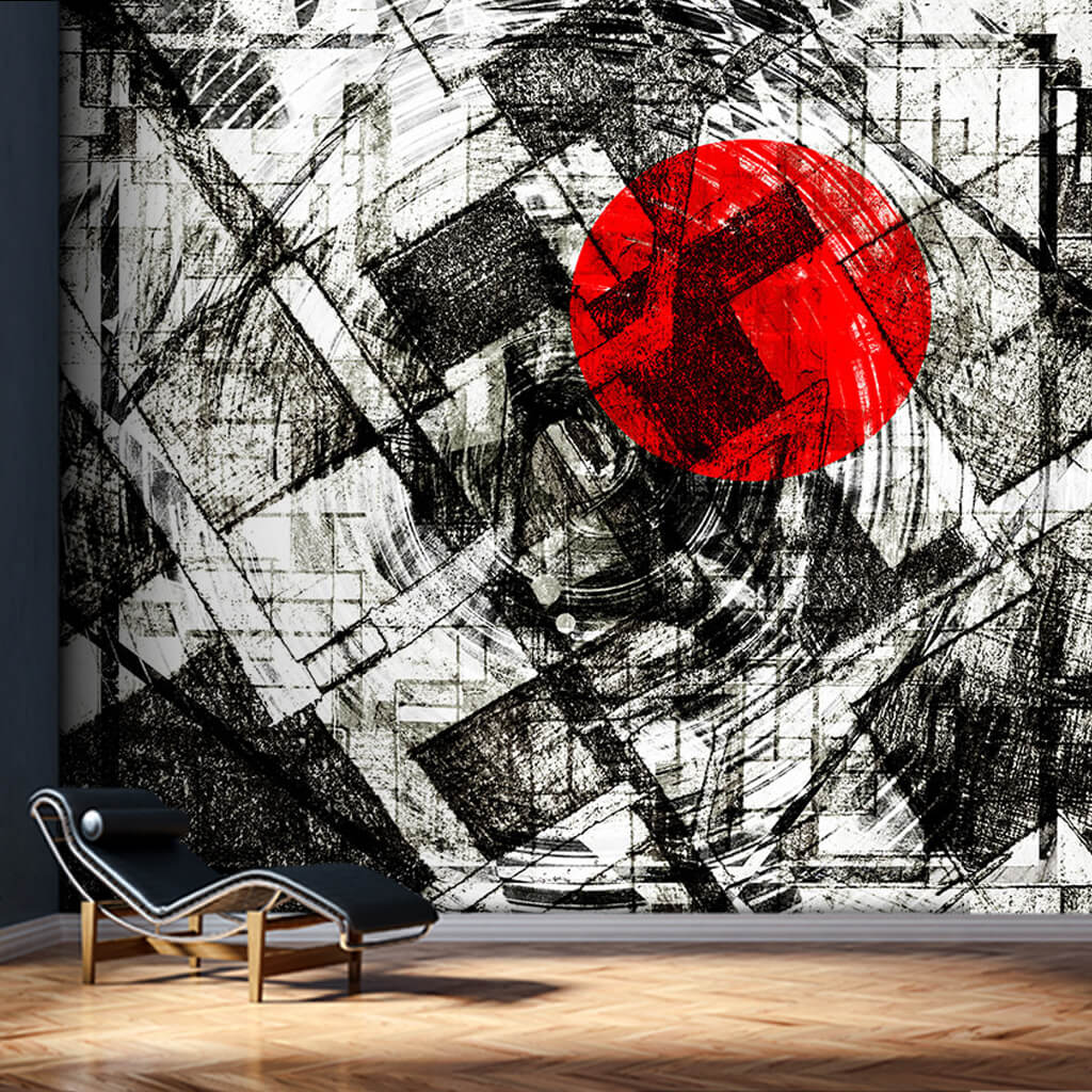 Red dot on black white doodles scalable custom wall mural